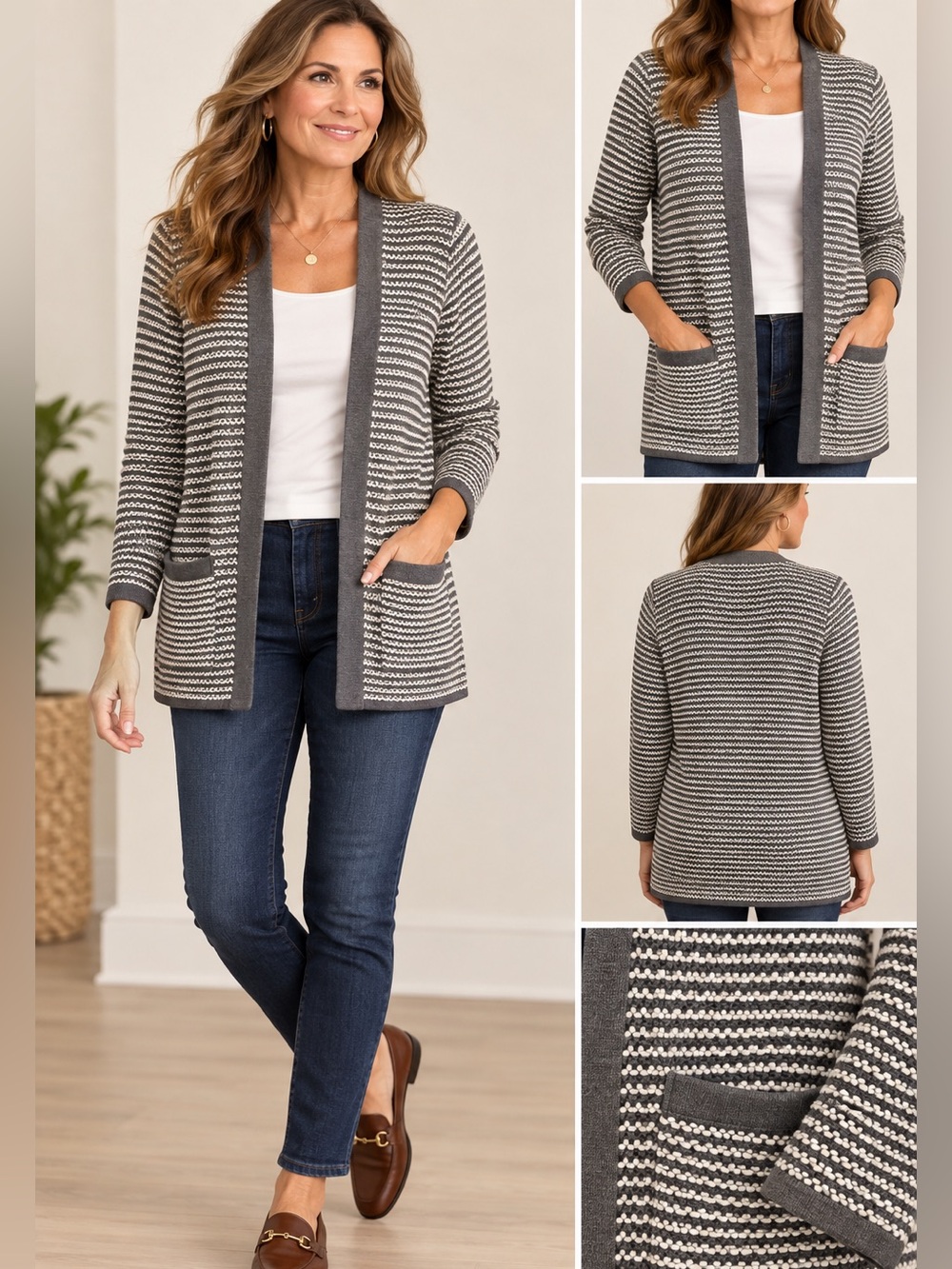 Lands’ End Women’s M 10-12 Gray White Striped Open Front Cardigan Sweater Pocket